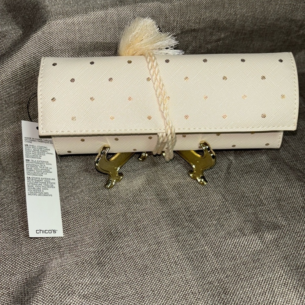 Chico's Gold Polka Dot Travel Jewelry Organizer Holder Roll Soft Case